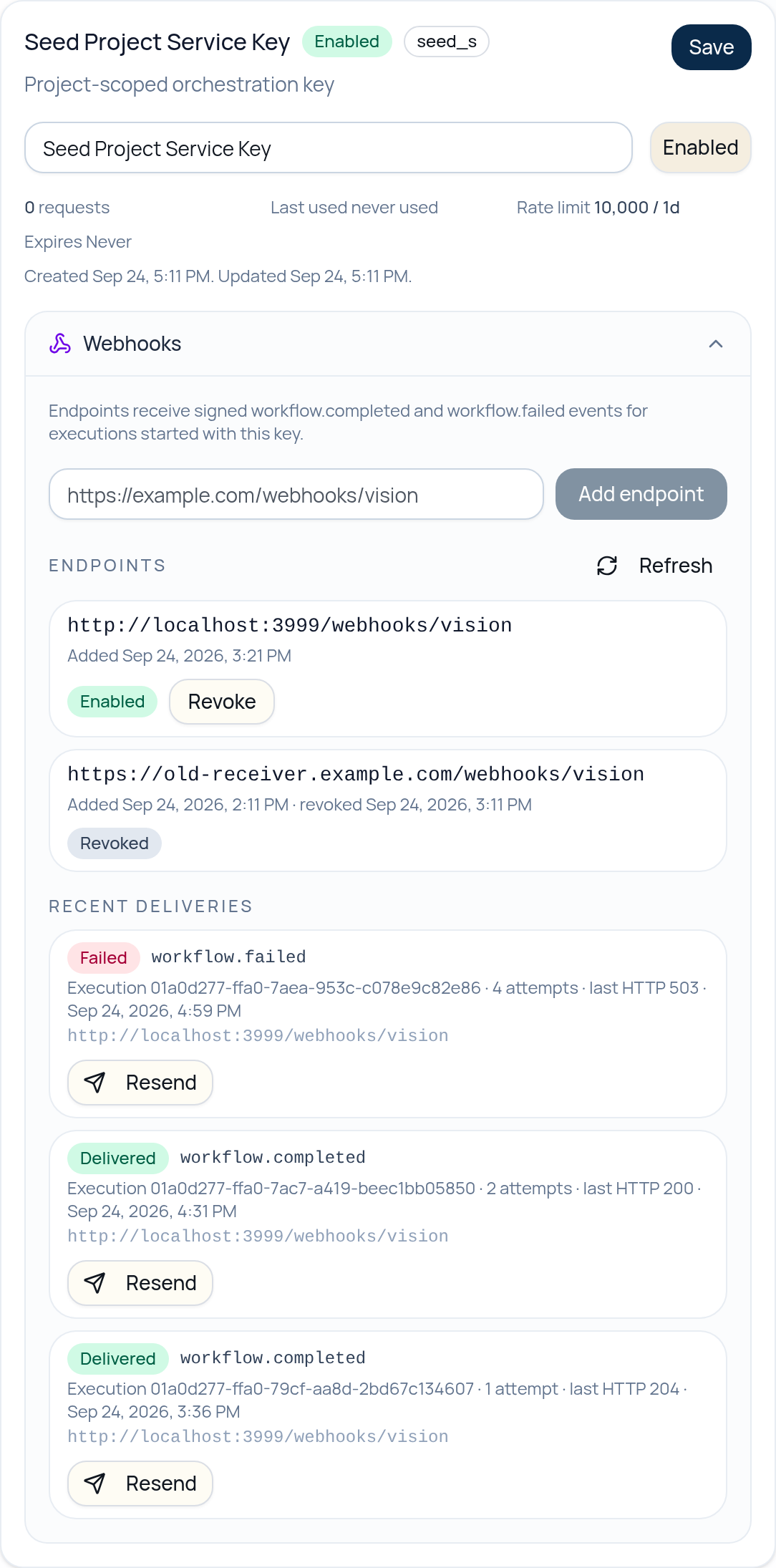 Webhooks section on a service key, with endpoints and delivery history